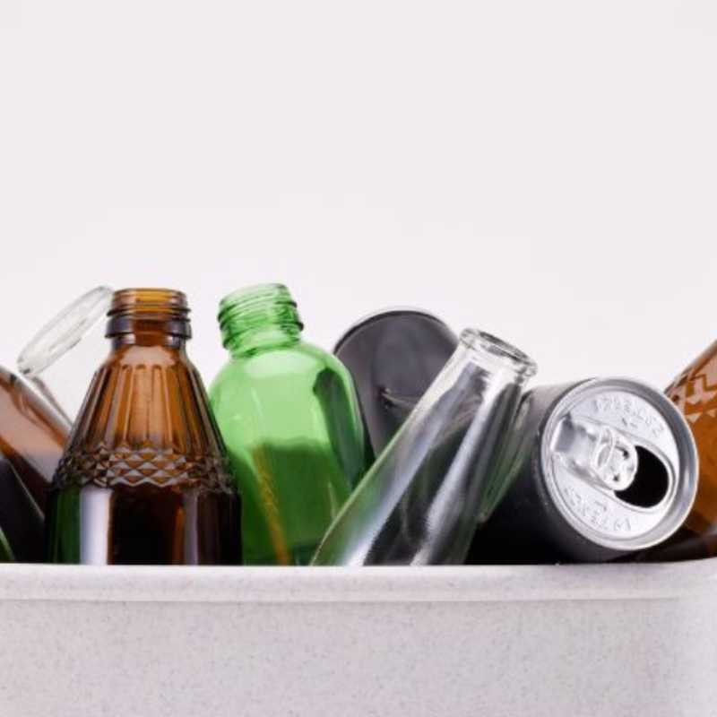 Picture of recycled, glass, bottles and cans. 